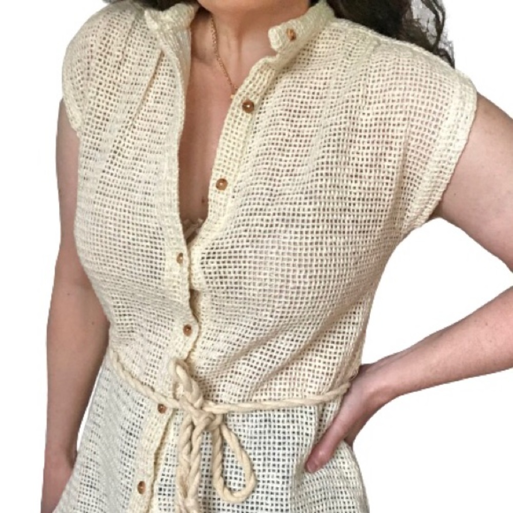 70s Vtg Open Knit Wood Button Rope Belted Tunic - Picture 10 of 17